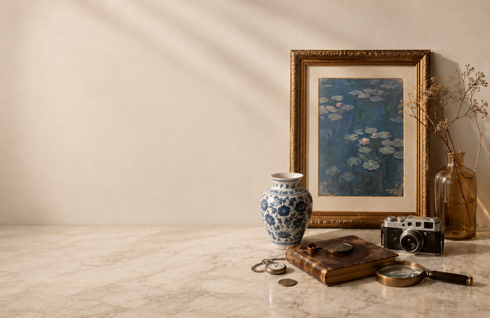 Antique still life — framed painting, porcelain vase, vintage camera